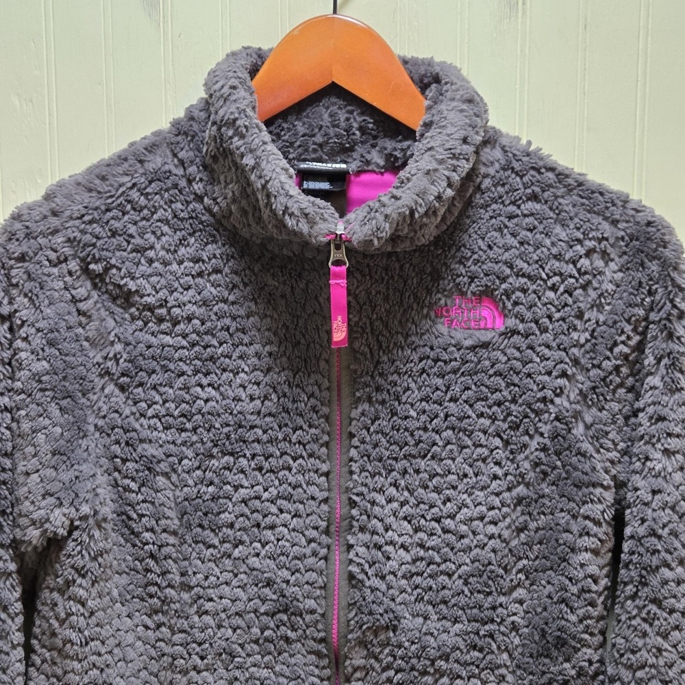 The North Face Jacket Girls 14/16 Gray Plush Fleece Full Zip Lined Pockets Pink